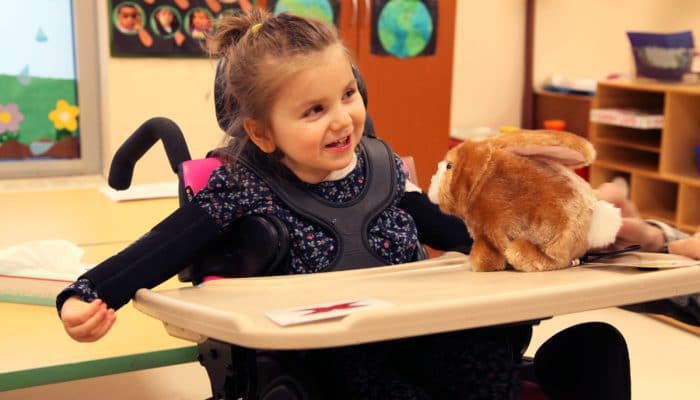 Young Girl in Wheelchair Playing with Bunny Rabbit Plush Toy